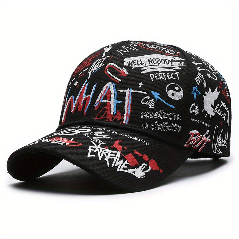 Stylish baseball cap with cool graffiti letter print, hard top, trendy hip-hop design, versatile sun protection hat for both European and American styles, available in 4 colors