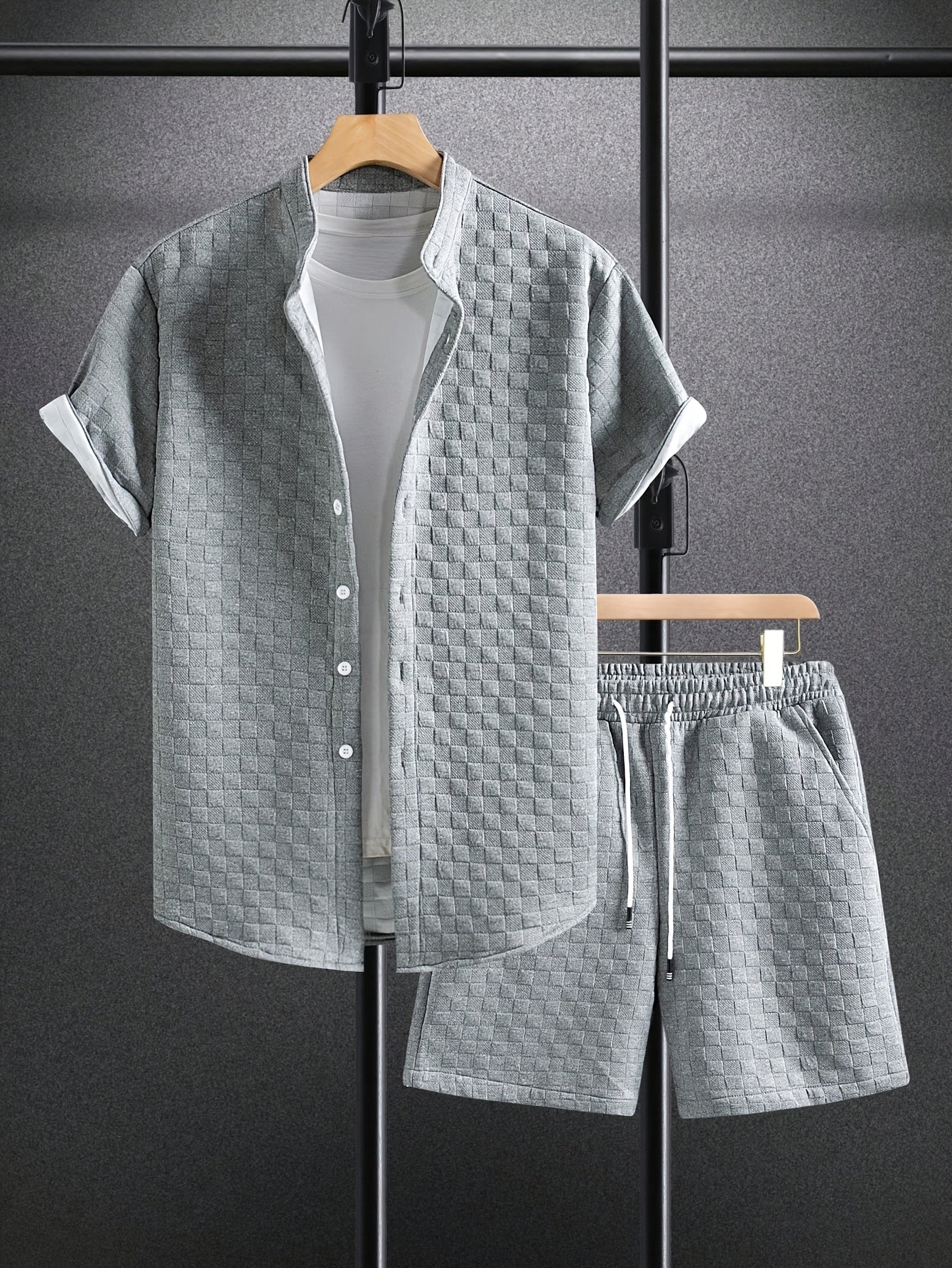 Men'S Casual Summer Short Sleeve Shirt & Shorts Set - Light Blue, Button-Up, Polyester, Perfect for Casual Attire, Parties, and Outdoor Activities, Casual Summer Wear|Short Sleeve Shirt|Polyester Fabri