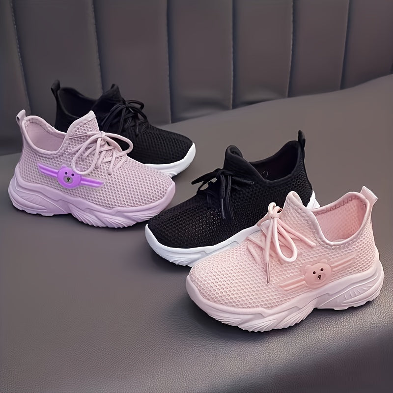 Youngsters' Breathable Lightweight Sneakers - Low-Top Lace-Up & Slip-On Design with Cute Bear Accents, Light Purple & Black Mesh & Fabric Upper, Cushioned PVC Sole for Boys & Girls, Summer Casual Shoes, Youngsters Sneakers, P