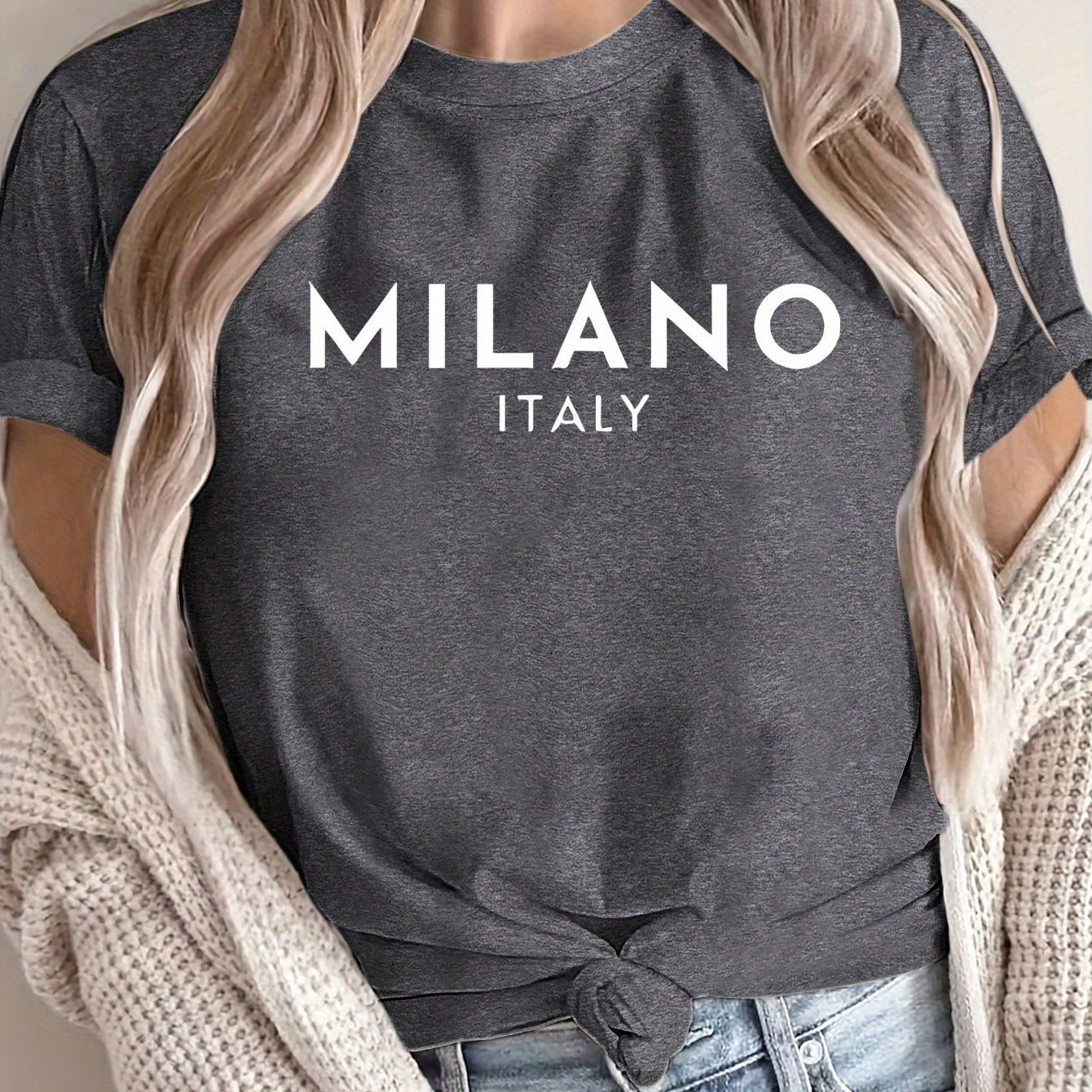 Women'S Casual Polyester T-Shirt with "Milano Italy" Letter Print, Short Sleeve Crew Neck Top, All-Season Knit Fabric Tee, Regular Length - 180gsm