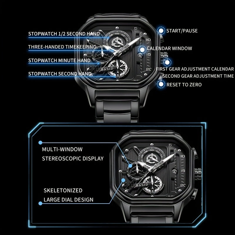 BASID Men's Elegant Square Analog Quartz Watch with Date Display & Stopwatch - Stainless Steel Strap, Black Dial - Casual & Dress Watch for Men, Unique Gift Idea, Versatile Wristwatch, Sleek Watch Design, Polished Finish