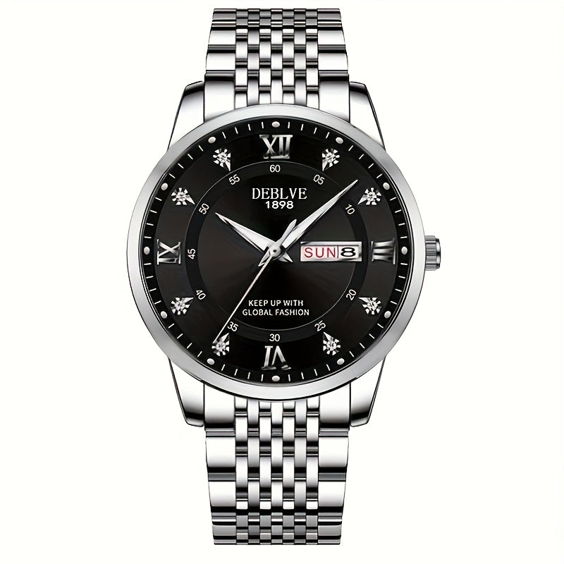 1pc Men'S Business Style Roman Dial Quartz Watch with Luminous Date and Day Display, Stainless Steel Alloy Strap, IPX7 Waterproof, Battery Operated, Elegant Fashion Accessory + Box