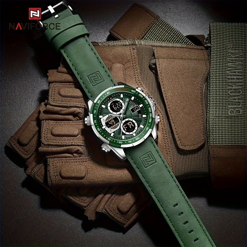 NAVIFORCE Men's Luxury Sports Quartz Watch - Waterproof, Genuine Leather Strap, Dual Display with Date & Chronograph Functions, Case, Green Accents, Luxury Timepiece|Tachymeter Equipped|Genuine Leather Band Valentine's Day