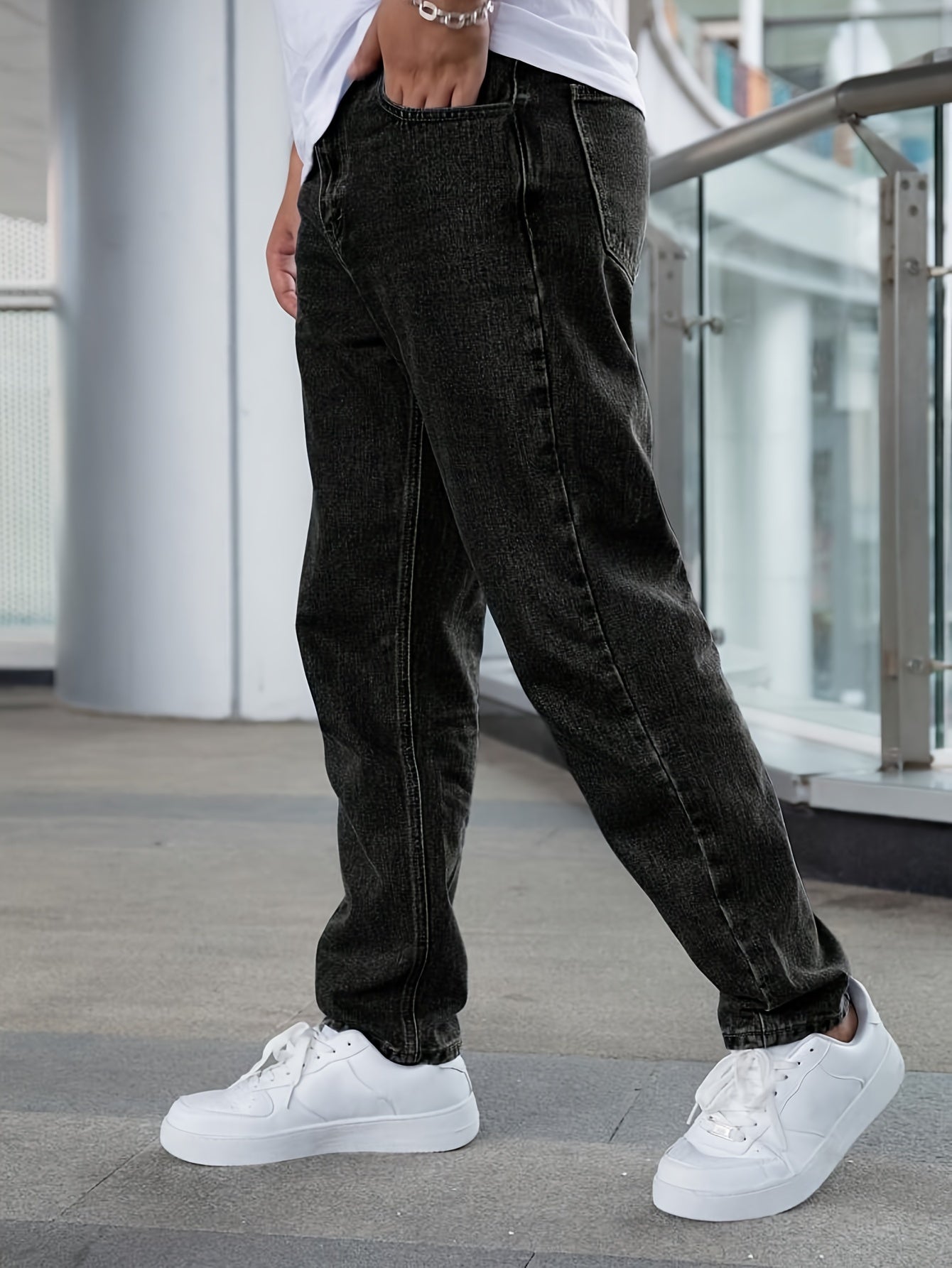 Men'S Loose-Fit Jeans, Cotton Blend Street Style Denim Pants, Non-Stretch Solid Color, Regular Length, with Multiple Pockets for All-Season Wear