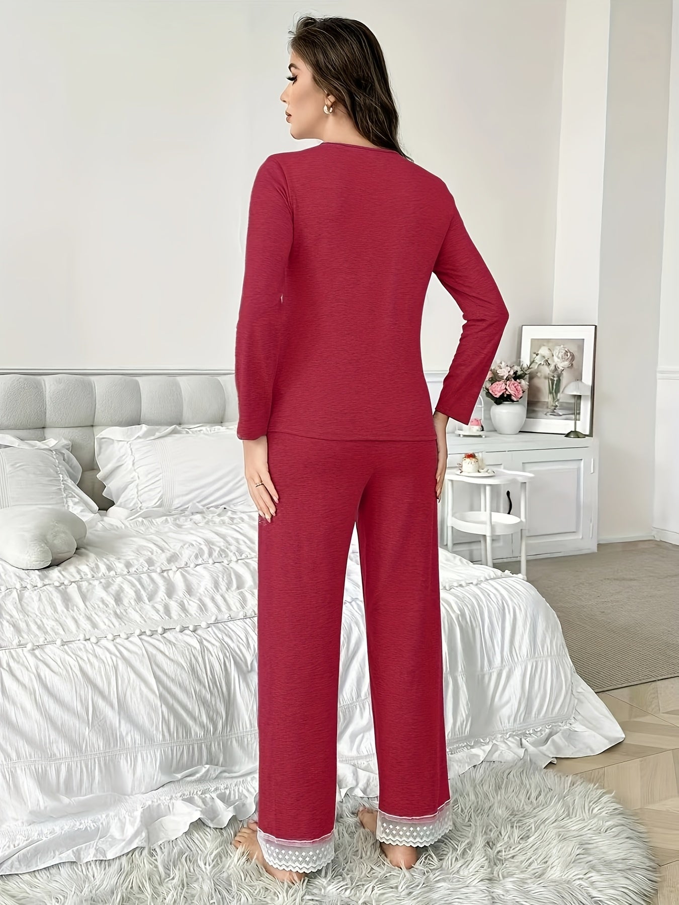 Elegant Women'S Lace-Trimmed Long Sleeve Knit Pajama Set - V-Neck, Solid Color, Ribbed Detail, Perfect for Spring & Fall, Comfortable Loungewear, Relaxed Fit Pajamas | Vneck Top & Long Sleeve Pants | Polyester Blen