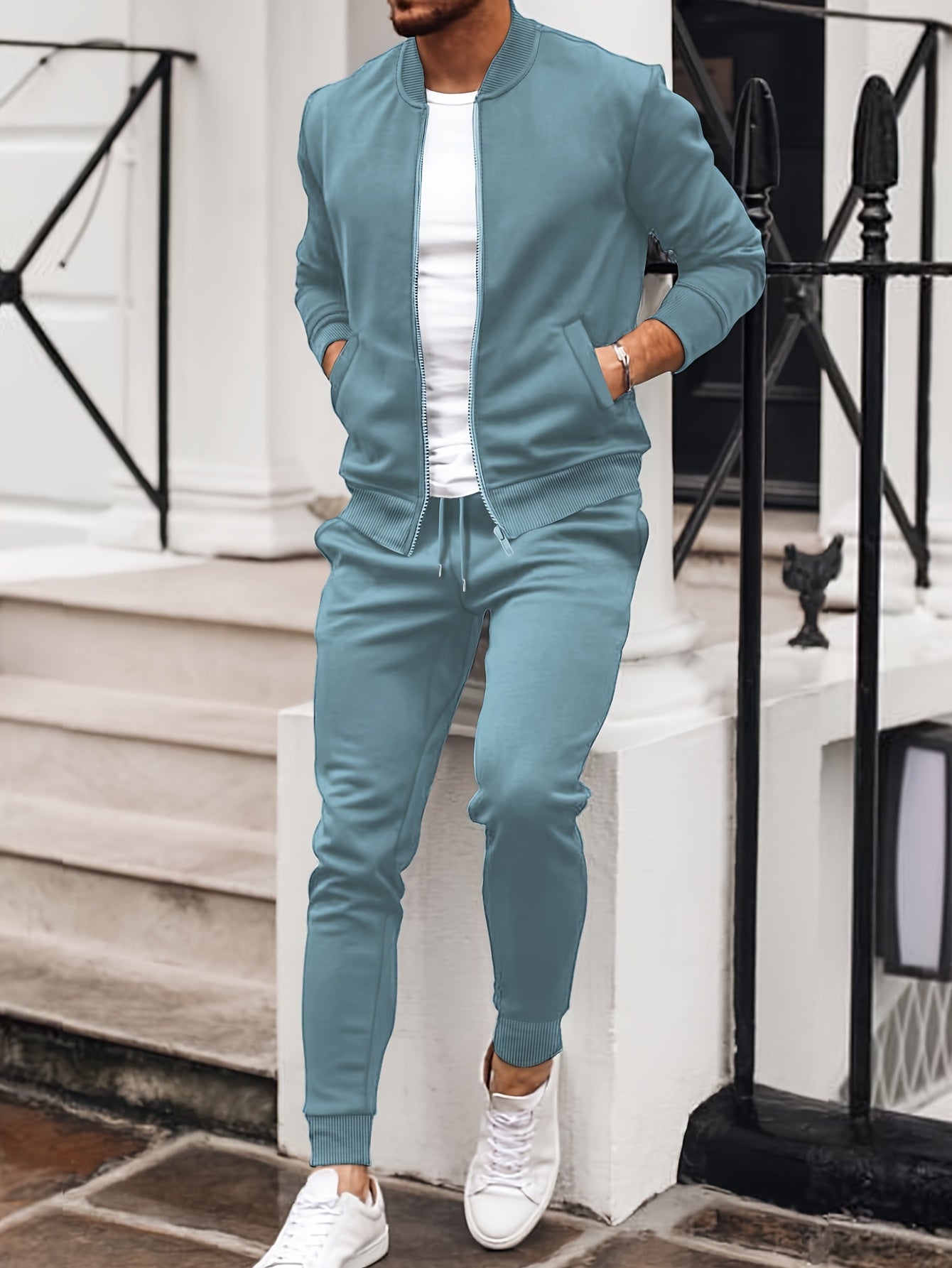Men'S Casual Polyester Sweatsuit Set with Baseball Collar and Slight Stretch - Solid Color Long Sleeve Knit Fabric Track Suit for Fall/Winter