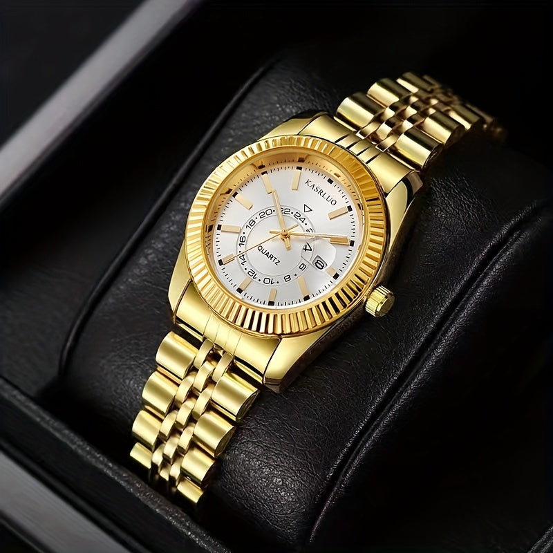 KASRLUO Elegant Women's Golden-Tone Stainless Steel Quartz Watch with Date Display, Analog Roman Numerals, and Adjustable Crown - Stylish Round Alloy Case & Band for Sophisticated Timekeeping, Fashion Accessory | Sophisticate