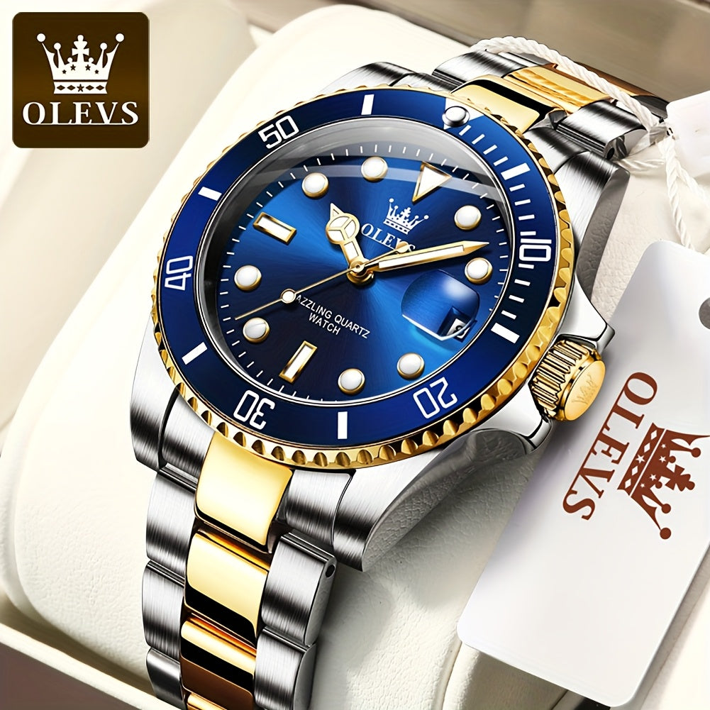 OLEVS Men'S Luxury Quartz Watch - Green Dial, Stainless Steel Band, Luminous Pointer Display, Quartz Movement, Electronic Drive, Zinc Alloy Case, Ideal for Business Casual Wea