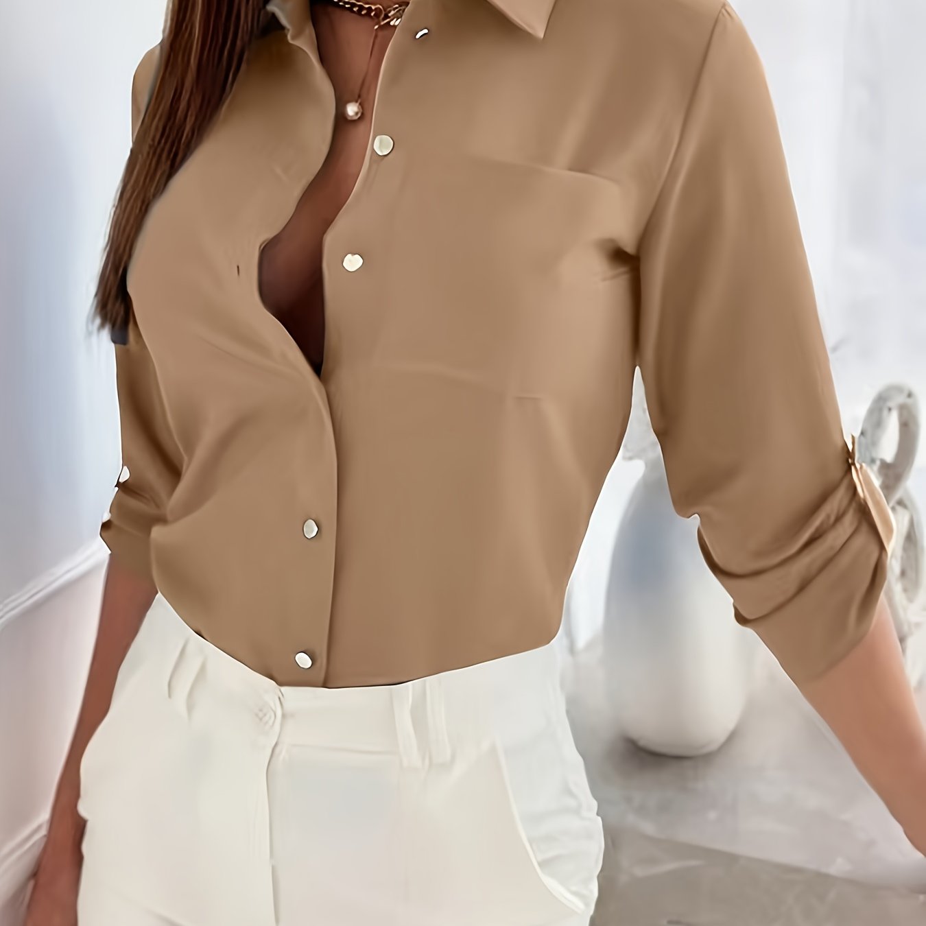 Elegant Solid Color Women's Shirt - Polyester, Button-Up, Non-Sheer, Machine Washable for Spring/Autumn