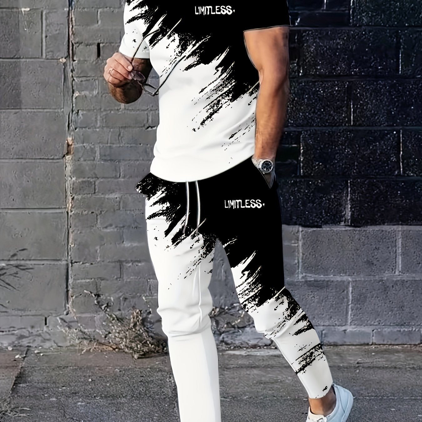 Men's Fashion Gradient Print Four Seasons Round Neck Short Sleeve T-shirt and Pants Set Outdoor Sports Two-piece