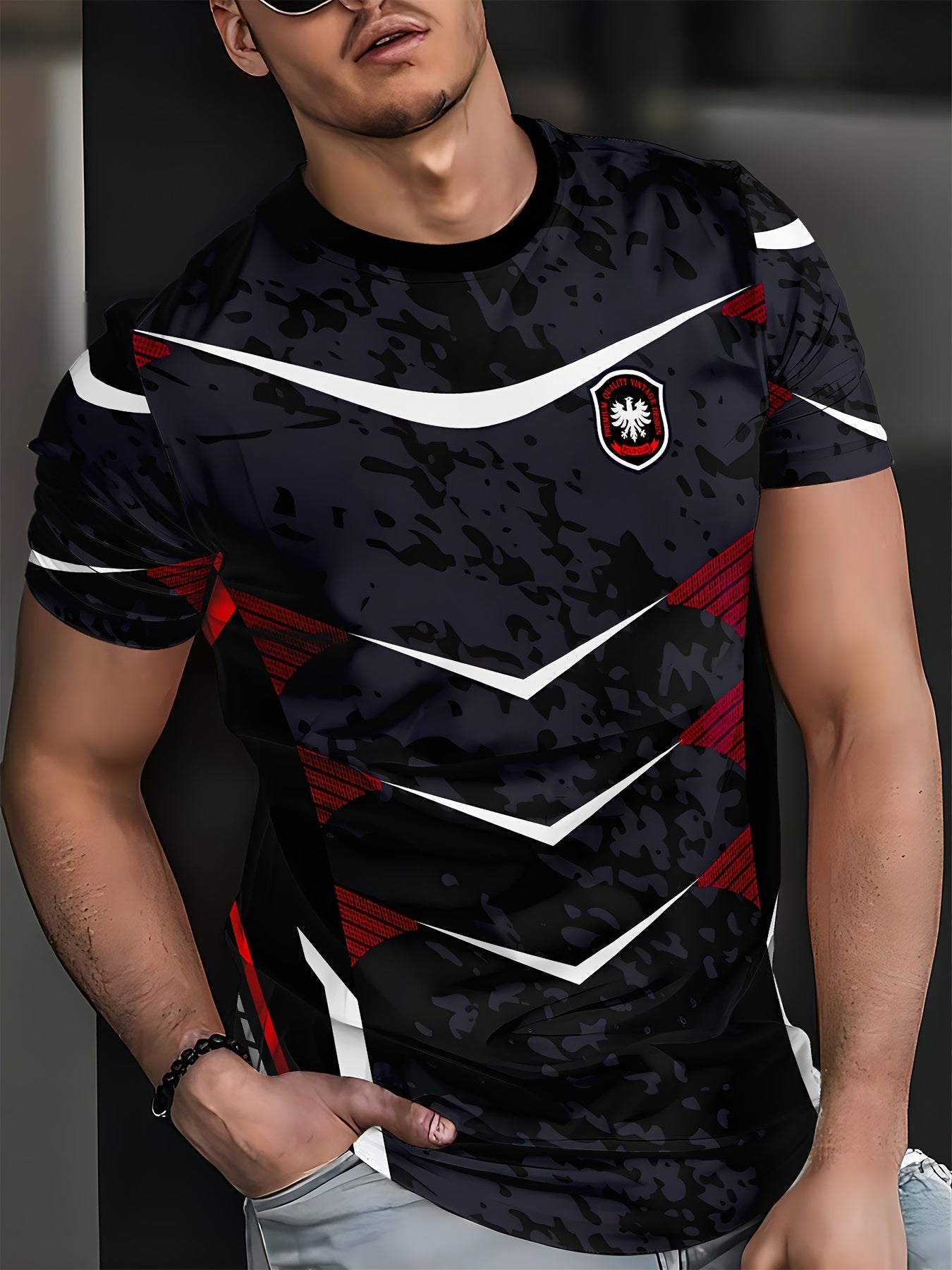 1pc Men'S Athletic Sports T-Shirt - Polyester Crew Neck with Slight Stretch, Patterned Knit Fabric, Casual Summer Top for Fitness & Training