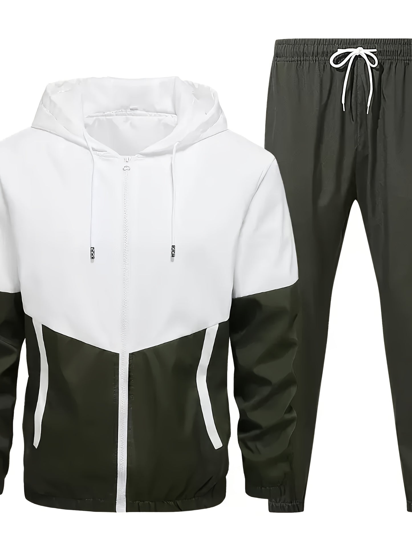 Men's Spring Autumn Outdoor Sports Training Casual Color Block Stitched Hoodie Adjustable Set Home Top and Pants Fashionable Windproof Jacket Pants Two-Piece Suit