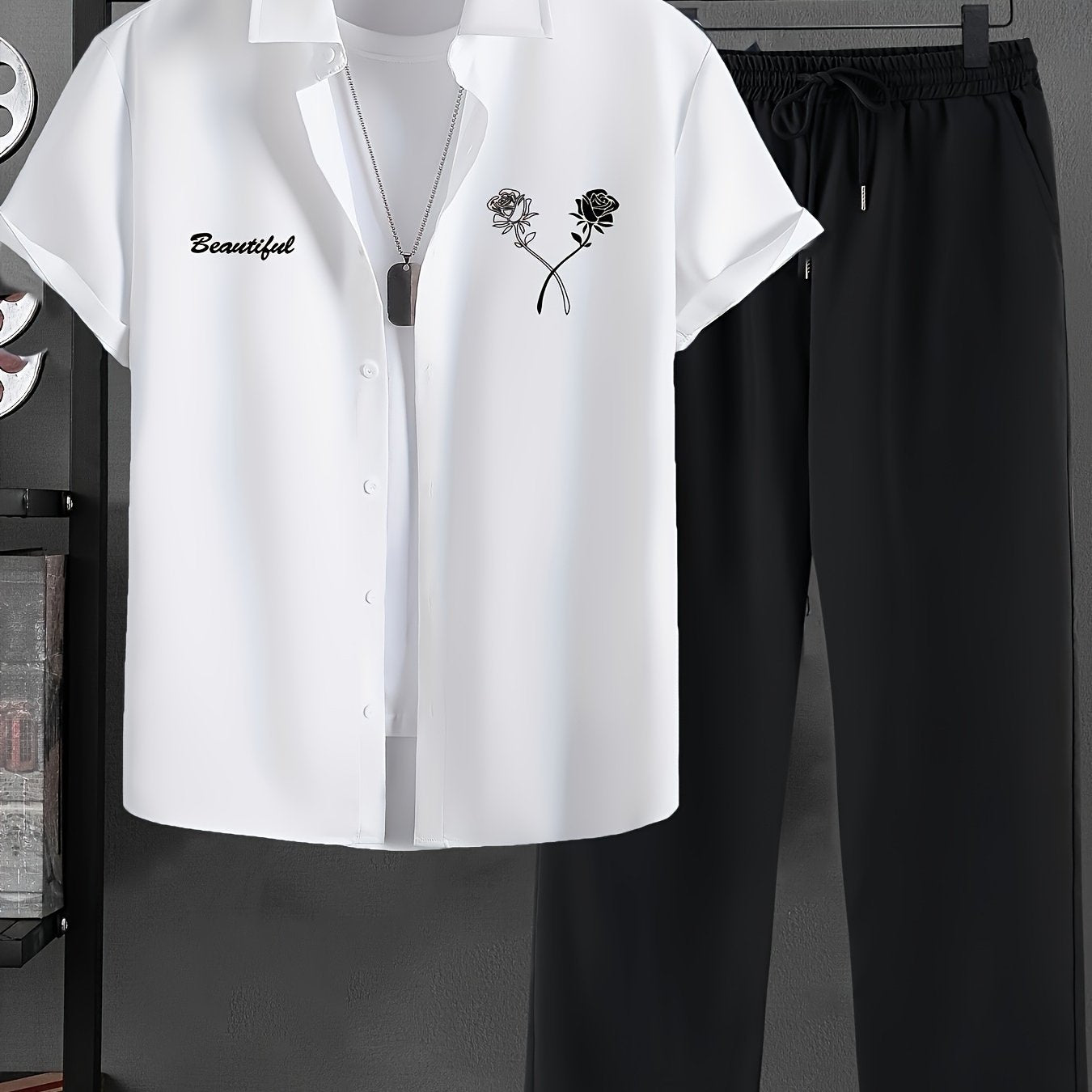 Men's Summer Breathable Comfort Rose Print Short Sleeve Shirt and Pants Set