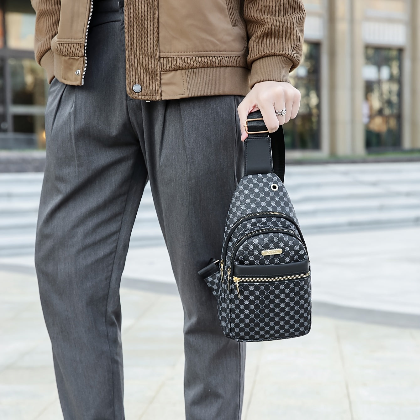 Men's Stylish Geometric Print Sling Bag - Black & White Crossbody Chest Pack with Golden-Tone Zippers, Compact Travel & Everyday Commute Backpack, Modern Accessory | Textured Finish, Crossbody Bag
