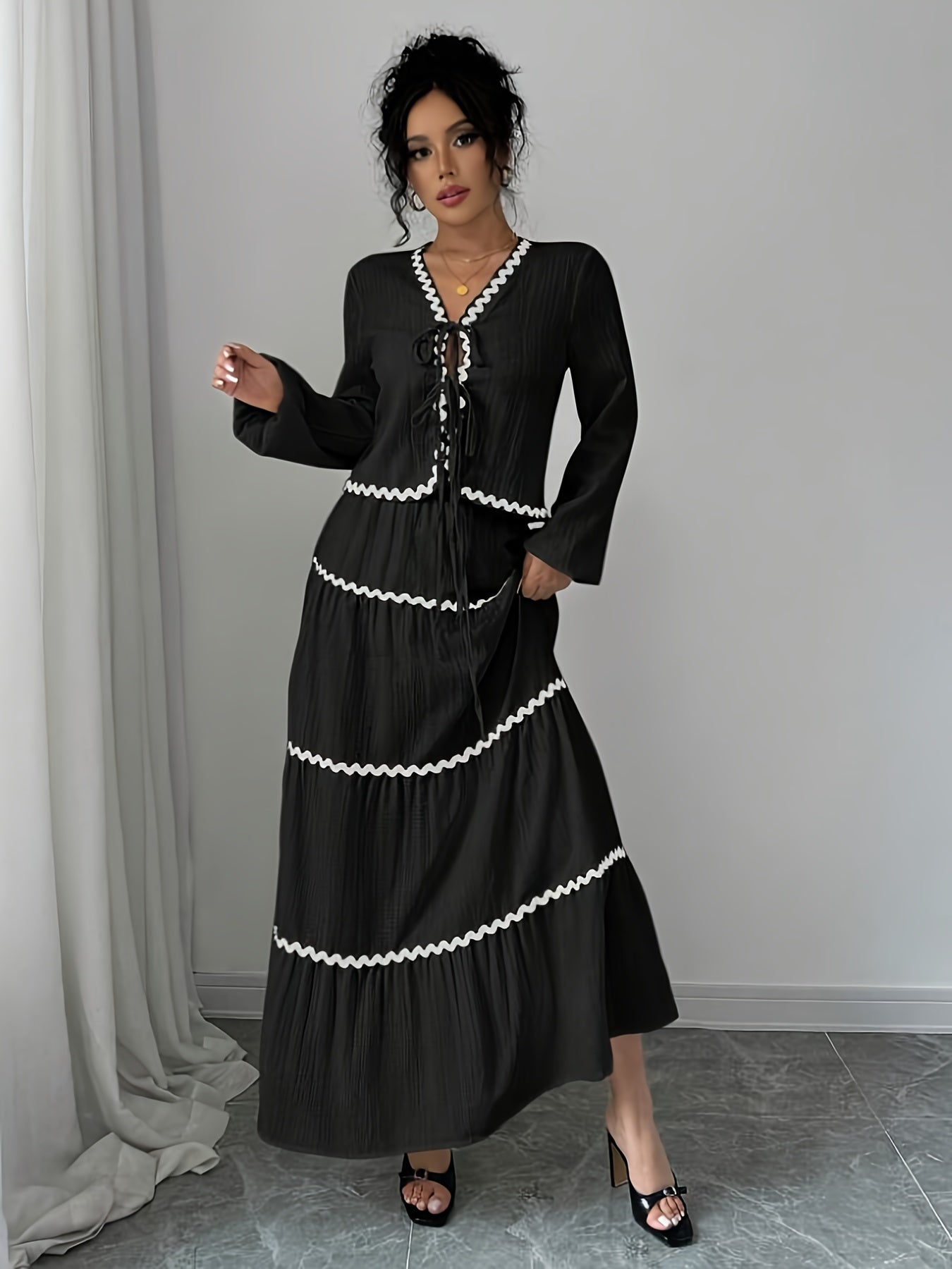 Women'S New Arrival Black and White Ruffled Lace Trim Long Sleeve Shirt with Tie Waist Umbrella Skirt Set, Stylish Elegant Vacation Commute Daily Wear Date Party Two-Piece Outfit Suitable for All Seasons