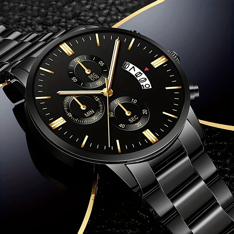 1pc Men's Stylish Black Stainless Steel Quartz Watch - Elegant Round Dial, Durable Analog Display, Perfect Gift for Valentine's Day, Birthday, Christmas, etc., Gift Watches | Elegant Wristwatches | Analog Watches