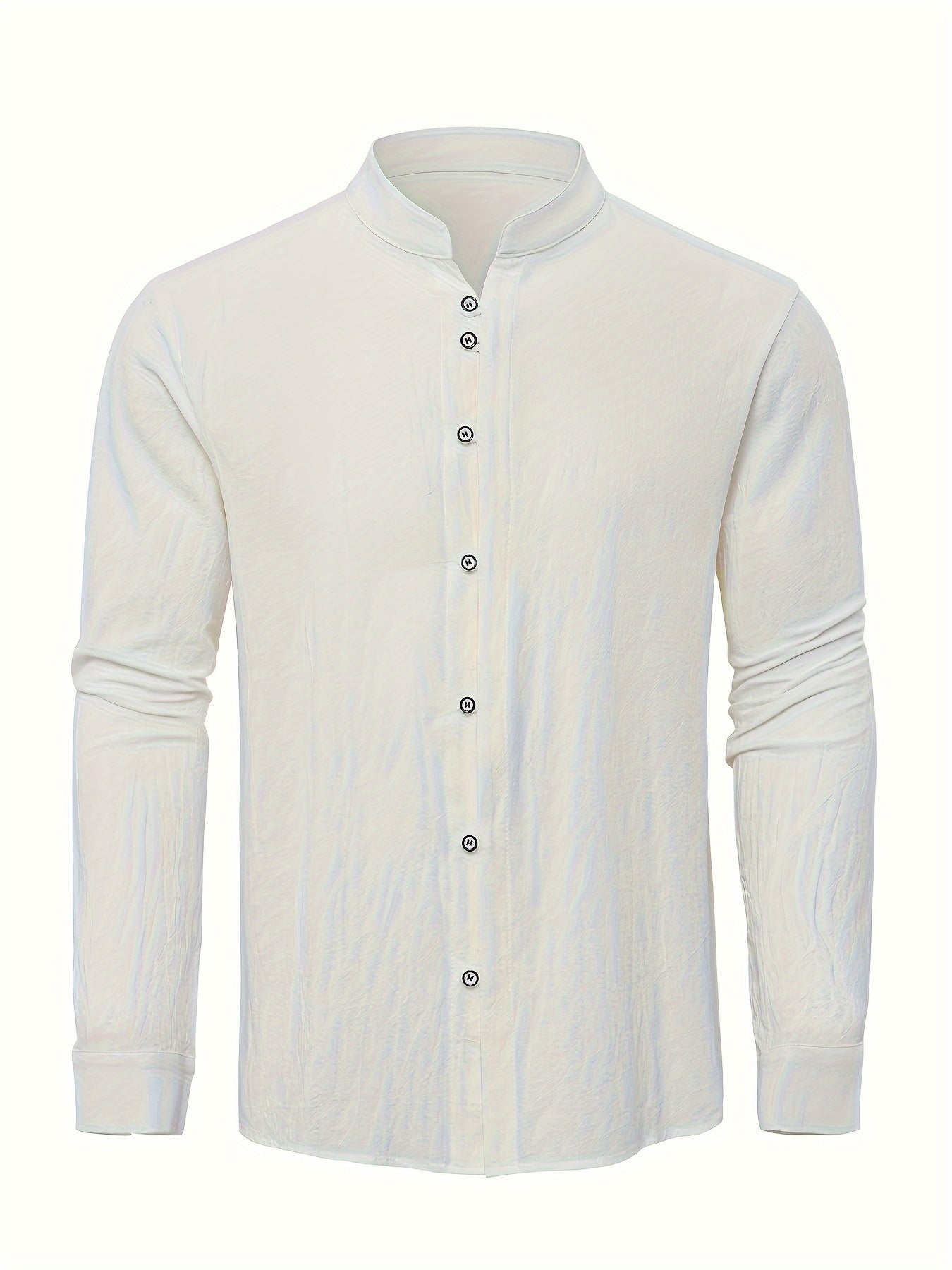 Classic Design Men's Solid Color Stand Collar Long Sleeve Button Up Top Shirt, Pure Cotton Spring And Autumn Fashion Cotton Tops For Daily And Casual Outerwear