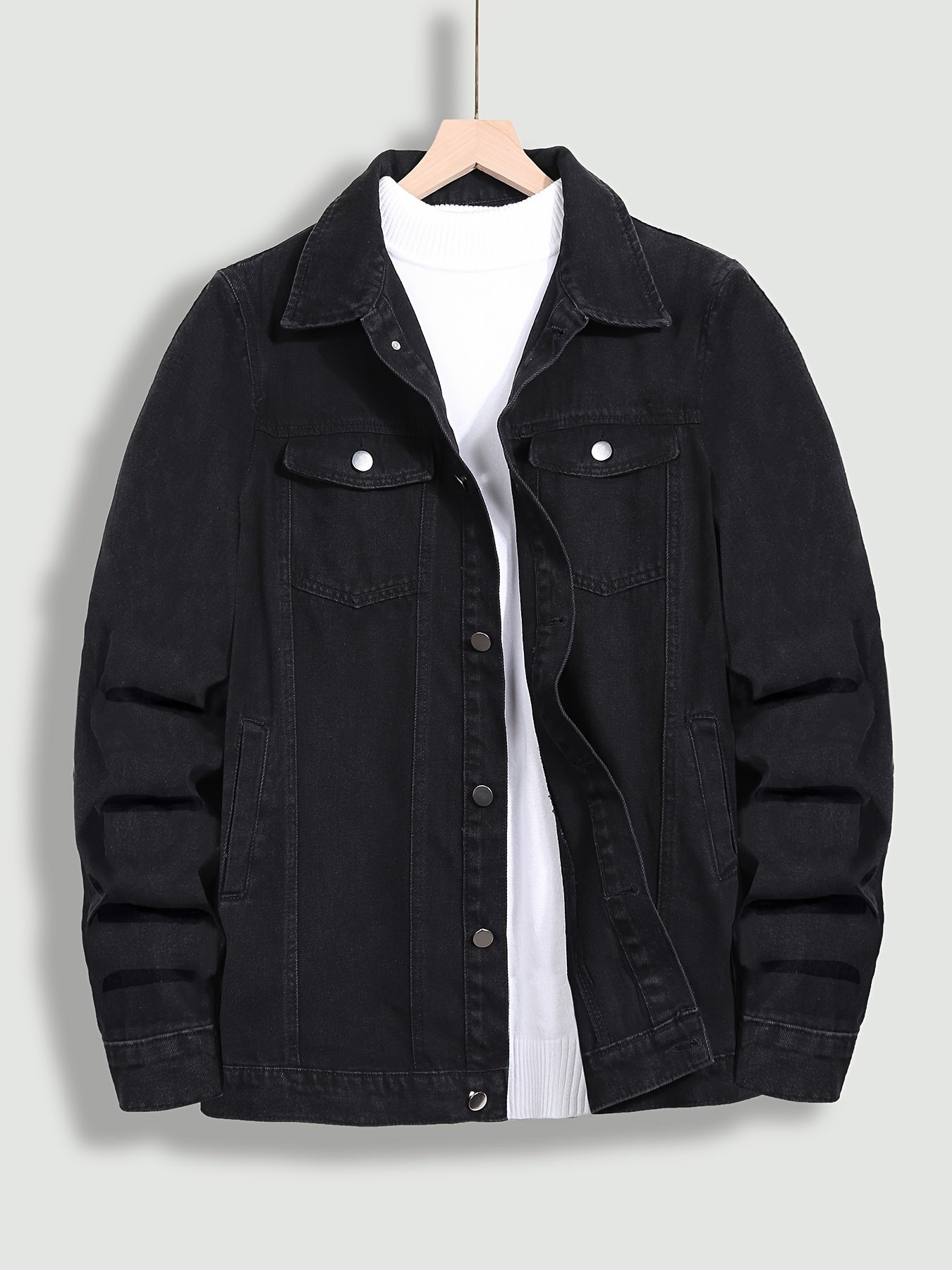 Men's Classic Cotton Denim Biker Jacket - Solid Color, Long Sleeve, Button-Up with Pockets for Spring & Fall