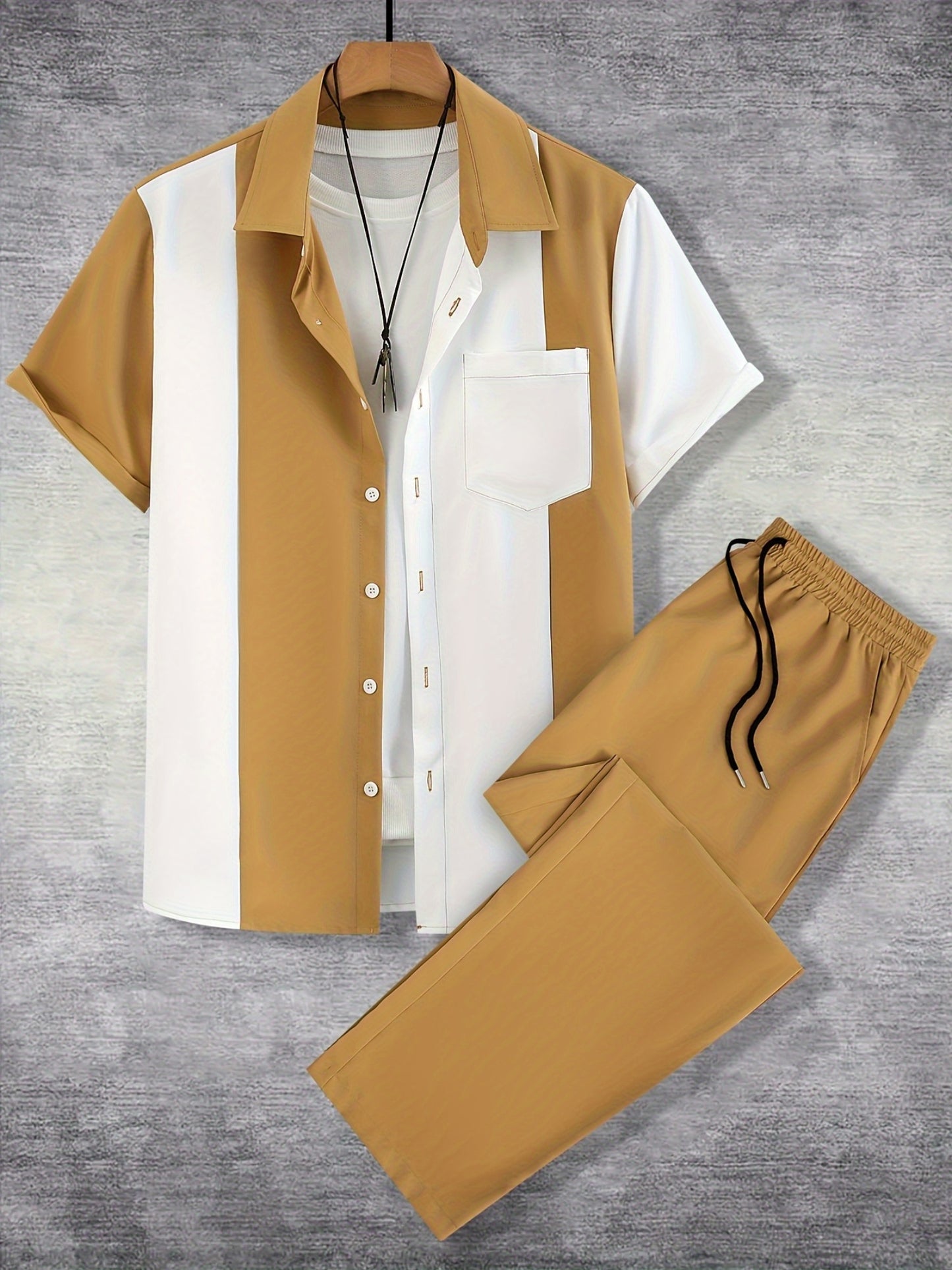Men'S Casual Two-Piece Spring/Summer Color Block Short Sleeve Shirt and Pants Set - Polyester, Regular Fit, Button-Up with Pocket, No Belt, All-Season Wear, Casual Attire|Casual Style|Polyester Fabric