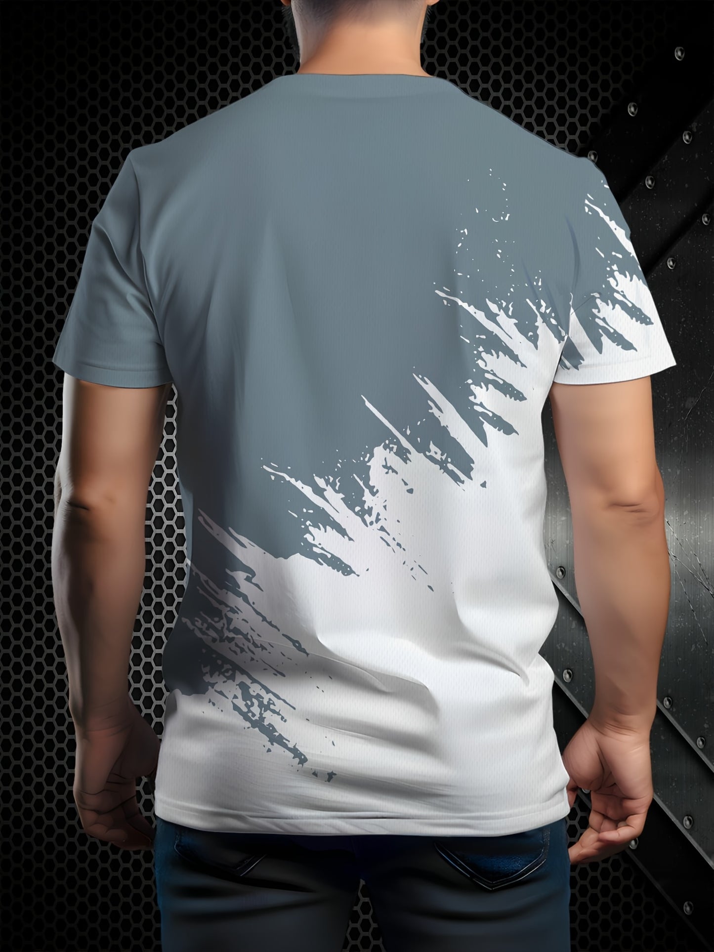 Men's Casual Short Sleeve T-Shirt with 3D Lightning Print, Dual-Tone Design, Round Neck - Polyester Blend, Machine Washable, Ideal for Summer Outdoor Activities, Summer Casual Wear|Round Neck Top|Smooth Fabric
