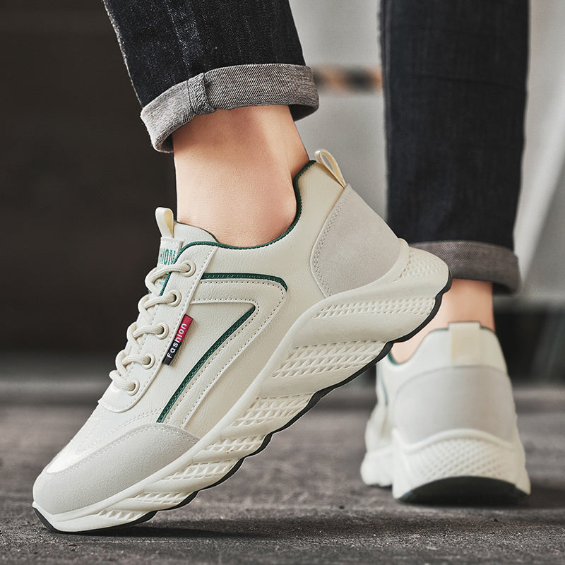Men's Retro Sneakers - White & Green Accent Lace-Up Shoes, Cushioned PVC Sole for All-Day Comfort, Low-Top Sneakers for Gym, Office, Casual Attire - Model HX-7, Gym Footwear, Sleek Casual Style, Fabric Upper, Durable Traction