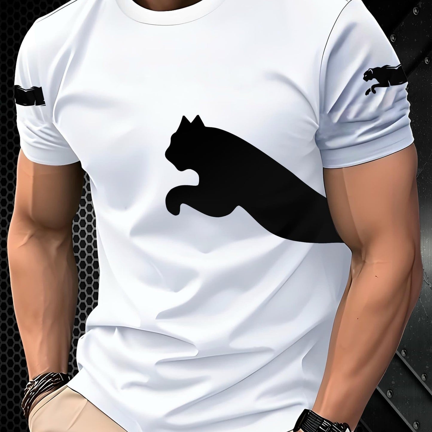 Men's 3D Print Cat Graphic T-Shirt - Casual Short Sleeve Summer Tee with Black & White Contrast Design, Breathable Round Neck Top for Outdoor Activities, Machine Washable, Relaxed Fit Shirt, Durable Fabric, Detailed Print Qua