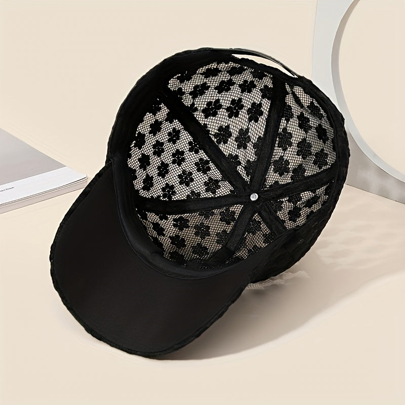 Women'S Summer White Lace Flower Baseball Cap - Breathable, Stretchy, Snap Closure, Stylish and Versatile, Hand Wash Only, Summer Cap|Stylish Headgear|Breathable Fabric