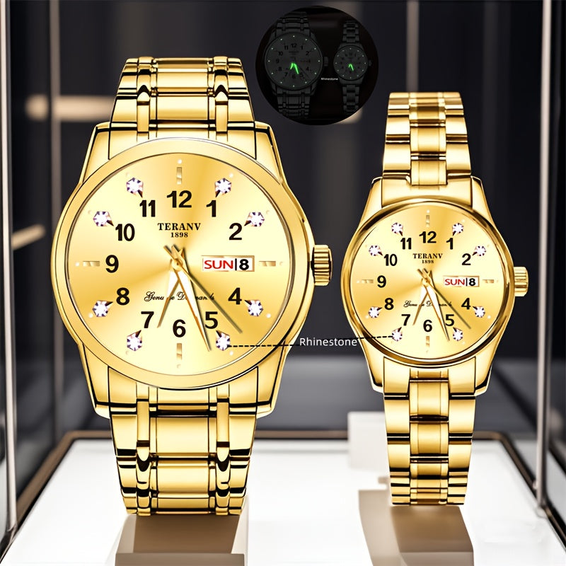 Two Stylish Digital Round Dial Couple'S Quartz Watches - IPX7 Waterproof, Luminous, Dual Calendar, Date and Day/Week Display, Alloy Strap Business Watches, Suitable for Women and Men, Valentine'S Day Gift Wristwatches