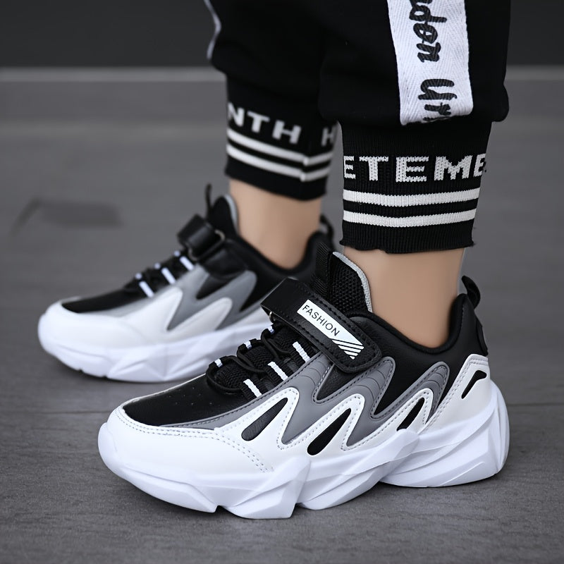 Boys' Athletic Sneakers with Hook-and-loop Fastener Strap - Casual Outdoor Sports Shoes, PU Upper, EVA Sole, Striped/Diamond Pattern, All-Season Wear, Boy Shoes