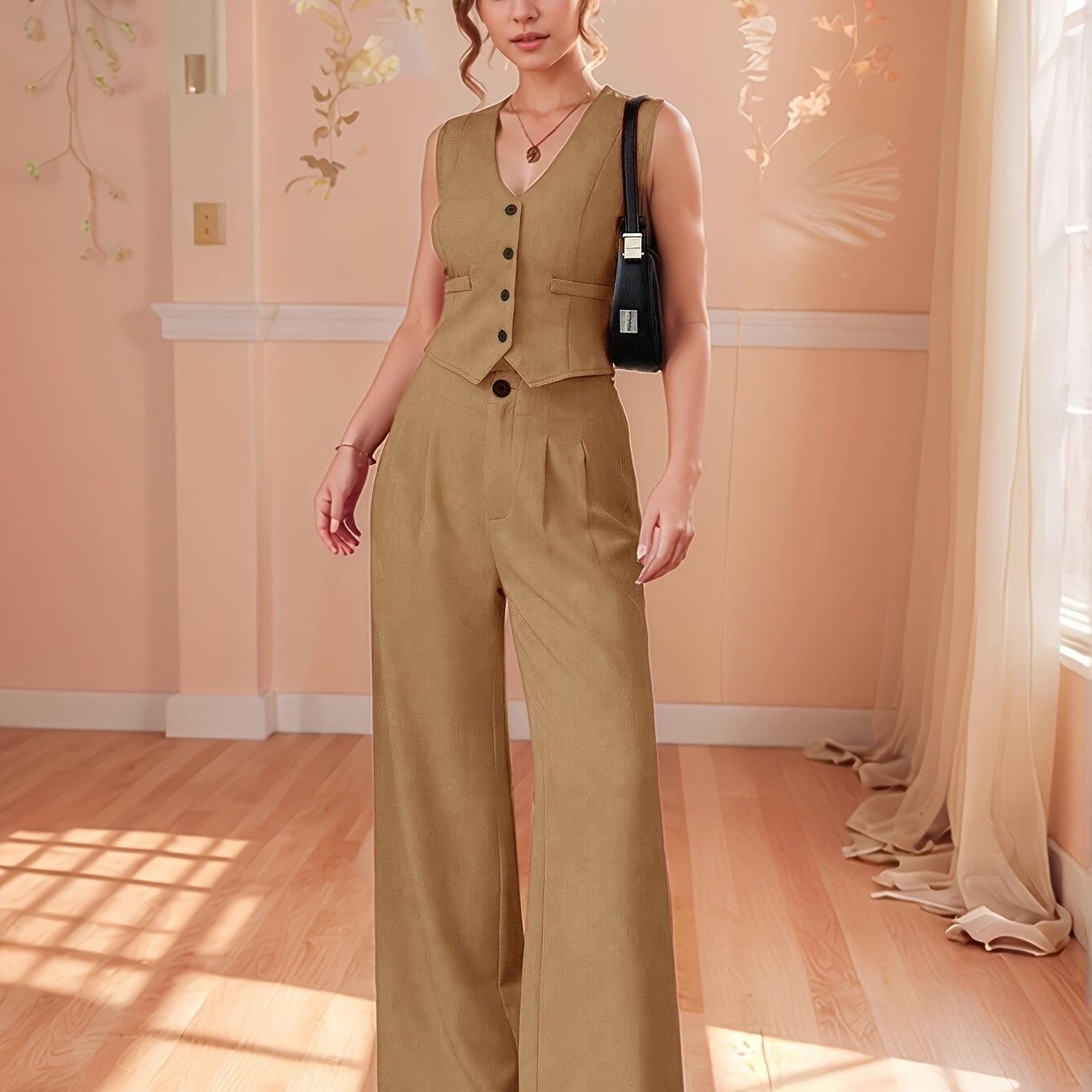 Design-Savvy Red Mini-Chic Sleeveless Suit Vest and Wide-Leg Pants Two-Piece Set