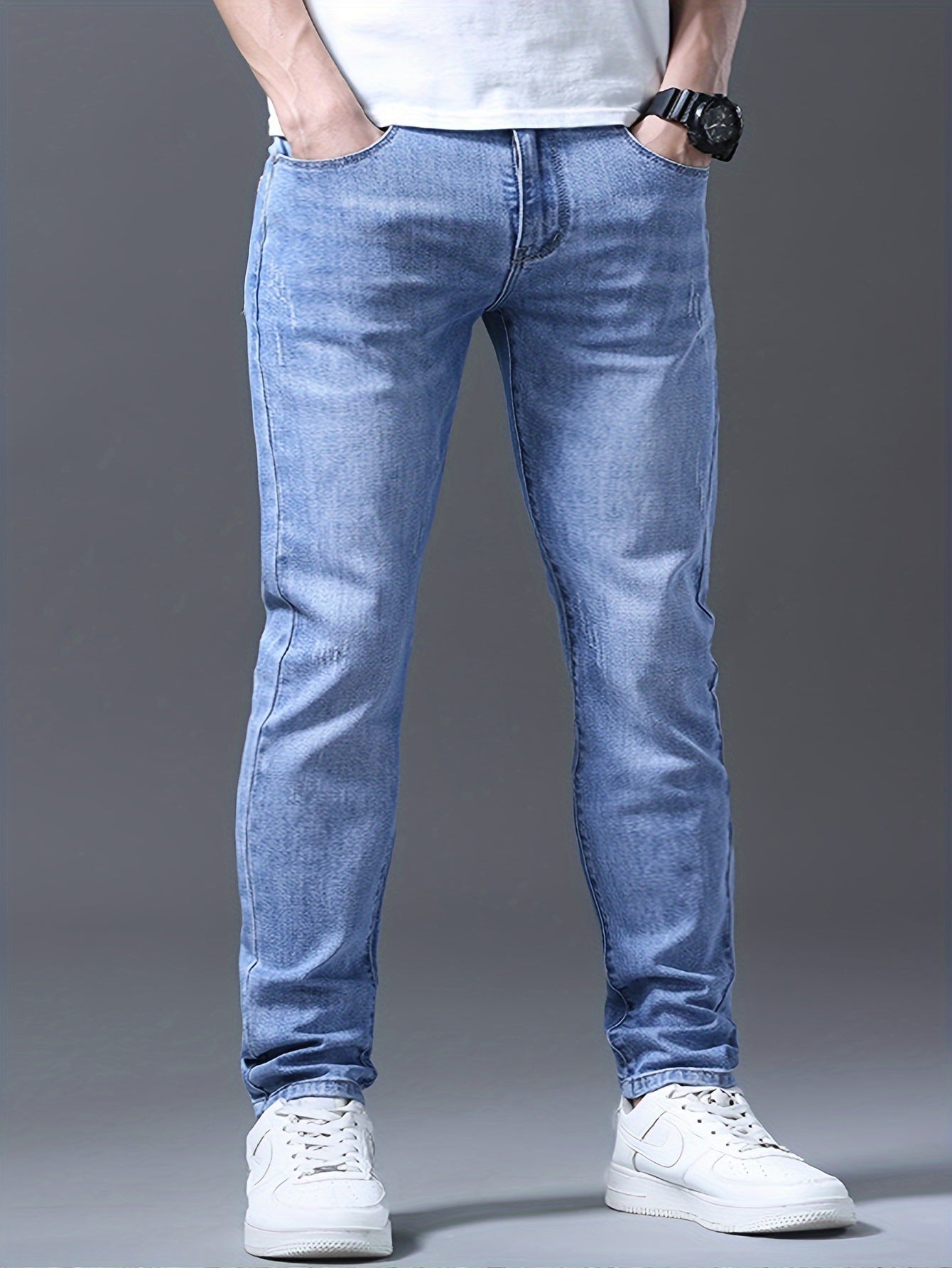 Men's Slim-Fit Stretch Denim Jeans - Light Blue, Versatile for All Seasons