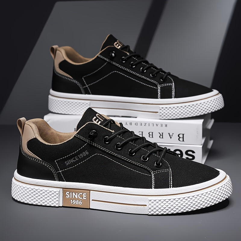 Men's Casual Low-Top Sneakers - Breathable Fabric & Durable PVC Sole, Black & Beige Contrast Design, Lace-Up Round Toe for All-Season Comfort, Versatile for Casual & Semi-Formal Wear, Comfortable Footwear, Fabric Upper