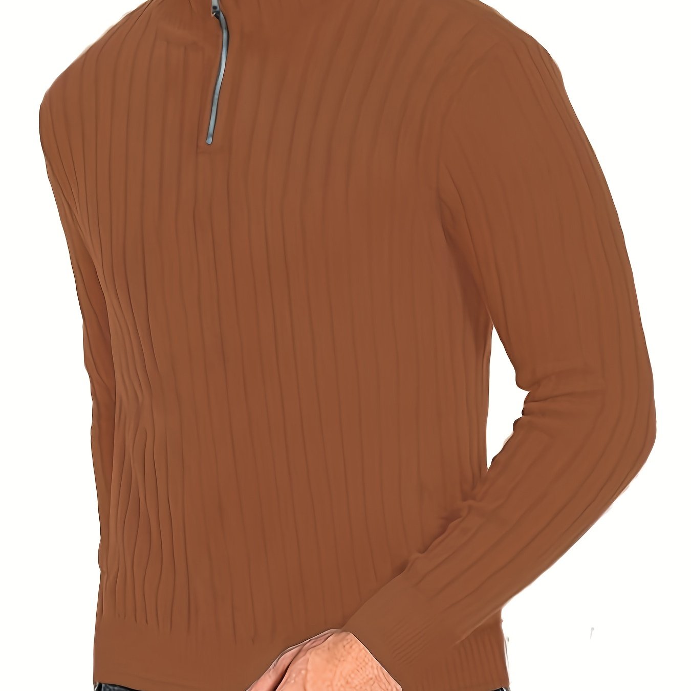 Men'S Casual Polyester Sweater, Solid Color, High Neck Quarter Zip, Long-Sleeved Pullover, Regular Fit, 100% Polyester Knit Fabric, 230g/m² - Fall/Winter Essential