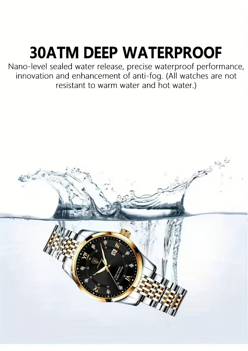 POEDAGAR Elegant Luxury Quartz Watch for Women - Waterproof, Luminous Calendar, Ultra-Thin Movement, Stainless Steel Band, Round Alloy Case, Ideal for Parties and Holidays