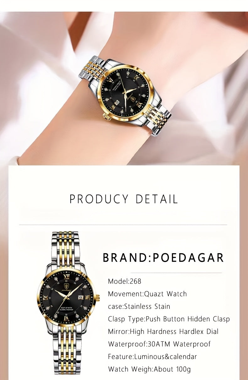 POEDAGAR Elegant Luxury Quartz Watch for Women - Waterproof, Luminous Calendar, Ultra-Thin Movement, Stainless Steel Band, Round Alloy Case, Ideal for Parties and Holidays