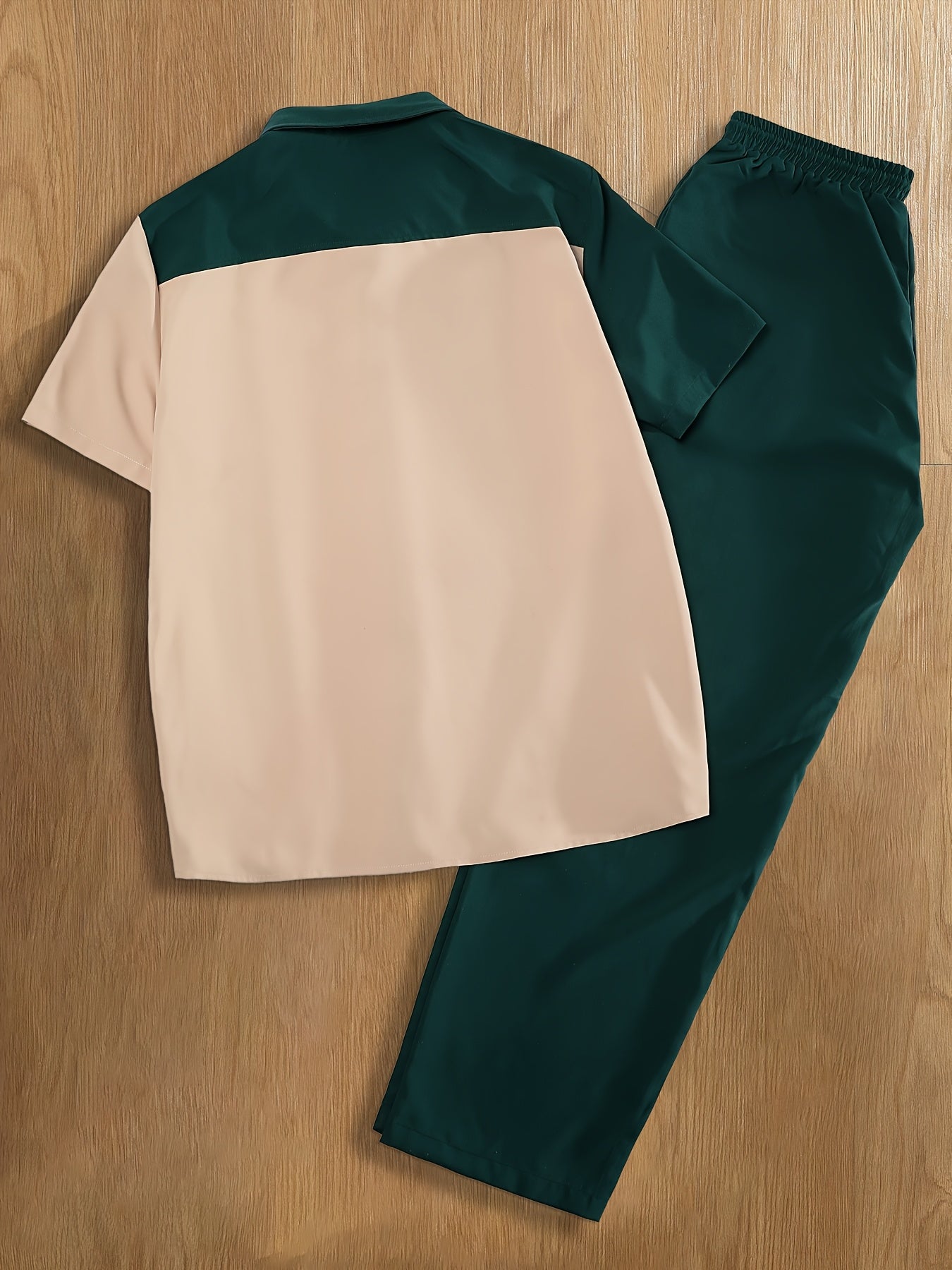 Men'S Casual Two-Piece Spring/Summer Color Block Short Sleeve Shirt and Pants Set - Polyester, Regular Fit, Button-Up with Pocket, No Belt, All-Season Wear, Casual Attire|Casual Style|Polyester Fabric