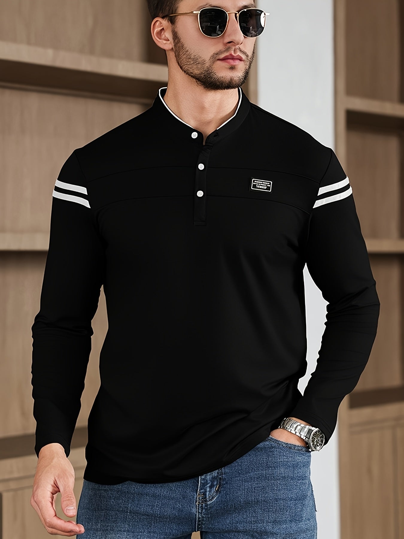 Men'S Casual Long Sleeve T-Shirt - Solid Color with Stand Collar & Stripe Polo, Button-Up Front, Ideal for Outdoor Activities