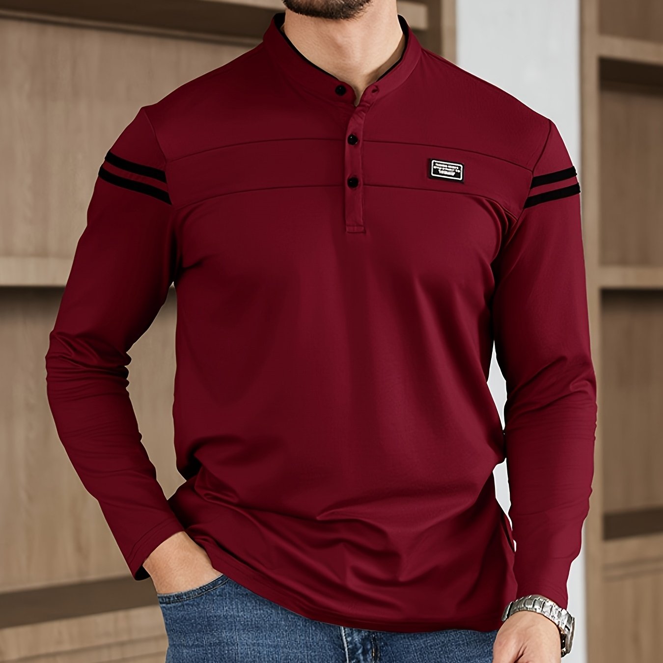 Men'S Casual Long Sleeve T-Shirt - Solid Color with Stand Collar & Stripe Polo, Button-Up Front, Ideal for Outdoor Activities