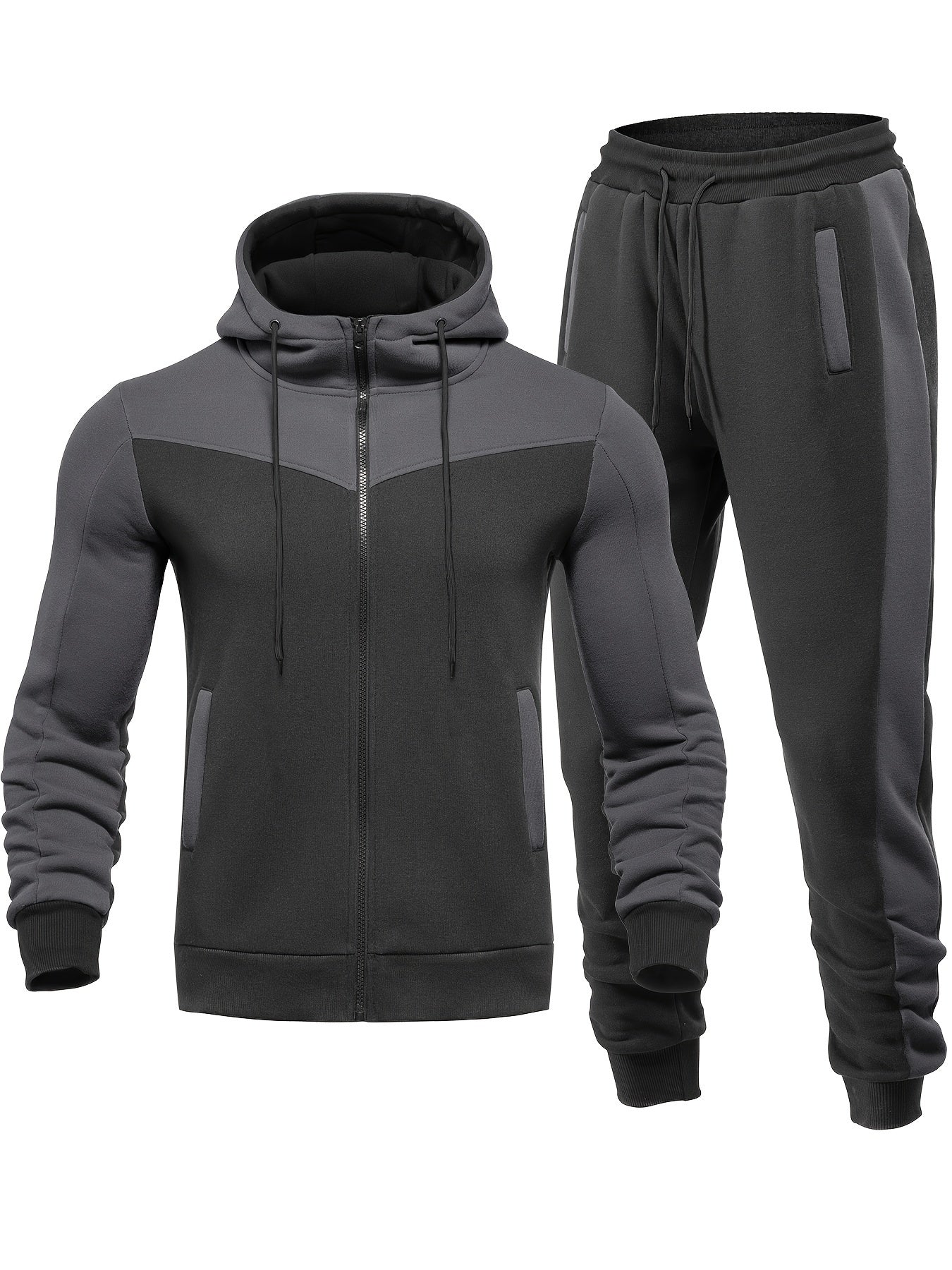 Men'S Casual Hoodie Set for Autumn And Winter, Featuring a Hooded Sweatshirt And a Sporty Cardigan in a Patchwork Design.