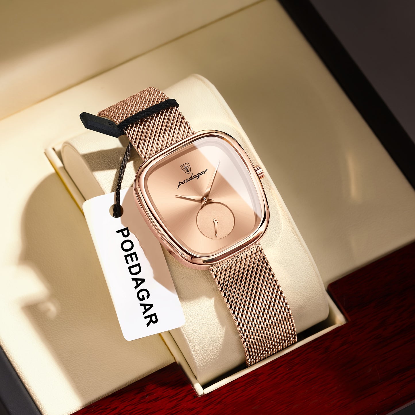 POEDAGAR Elegant Women's Quartz Watch - Waterproof, Stainless Steel Mesh Band, Rose Golden Square Dial, Black Strap, Perfect for Parties & Casual Attire, Stylish Timepiece | Elegant Design | Mesh Strap Watch, Watch Accessorie