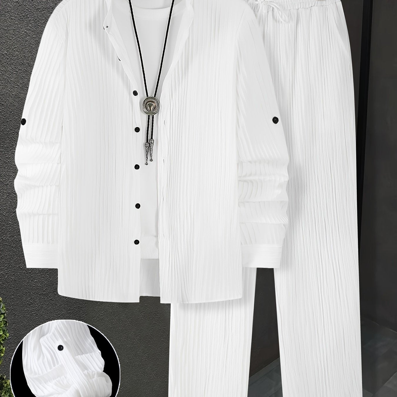 Men'S Two-Piece Set Featuring Textured Fabric, Versatile Long-Sleeve Shirt with Ear Loops, And Loose Drawstring Casual Pants.