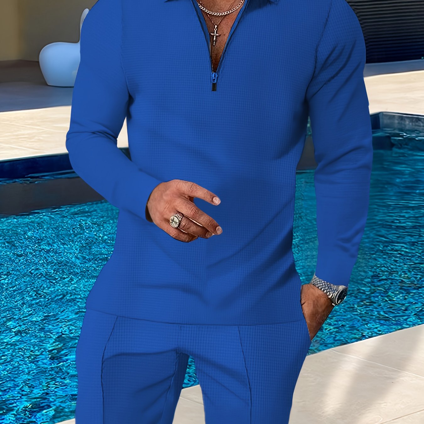 Summer Men's Casual Suit Solid Color Long Sleeve Top Long Pants Half Zipper Lapel Men's Suit Lightweight Breathable Street Casual Peplum Suit