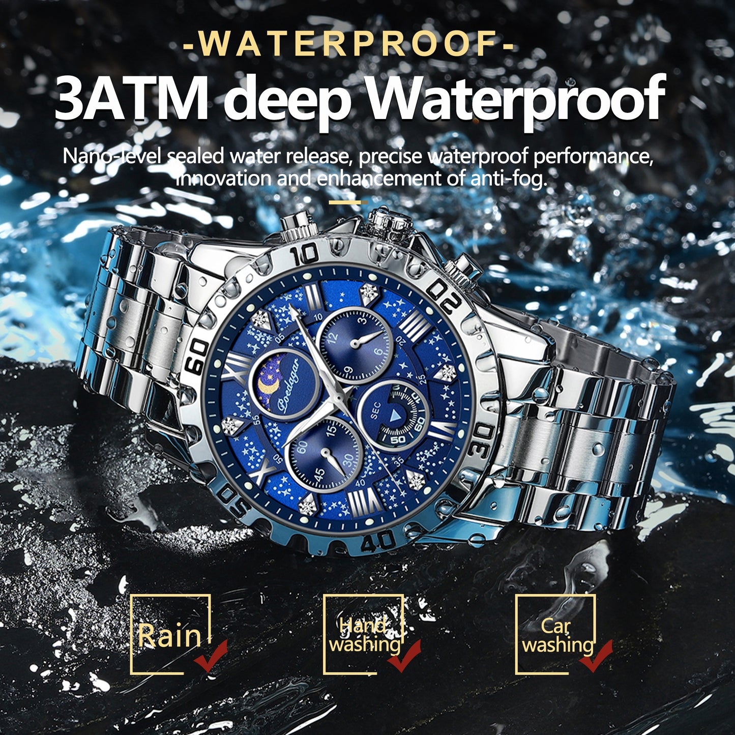 POEDAGAR Men'S Luxury Stainless Steel Quartz Watch with Moon Phase and Calendar - Waterproof, Night-Glow Hands, and Detailed Dial for Business and Formal Attire, Formal Watch | Detailed Watch Face | Quartz Movement