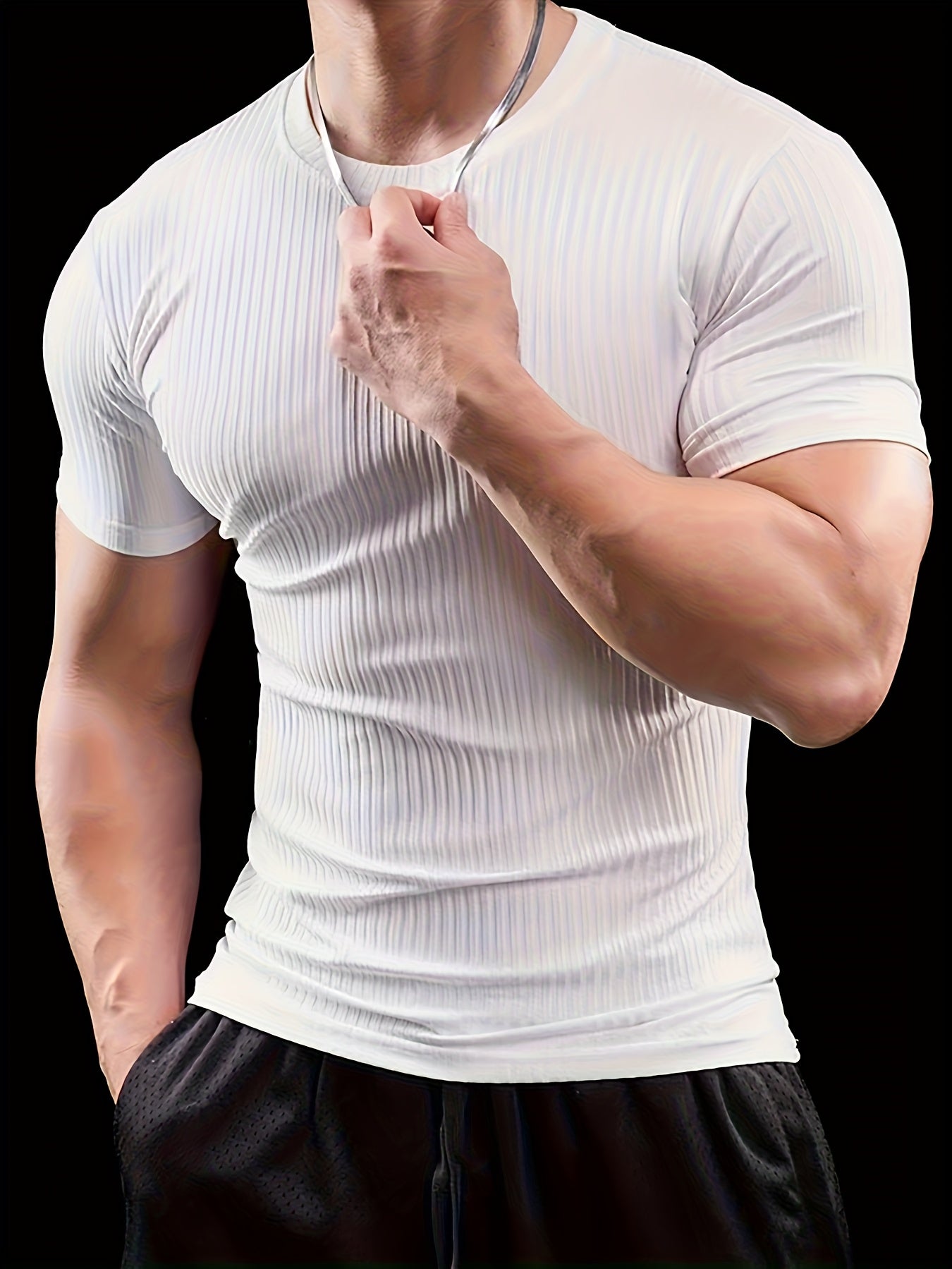 Men's Slim Fit Ribbed Short Sleeve T-Shirt - Stretchy Athletic & Casual Wear, Green, Round Neck, Machine Washable, Muscle-Enhancing Design, Gym Shirts