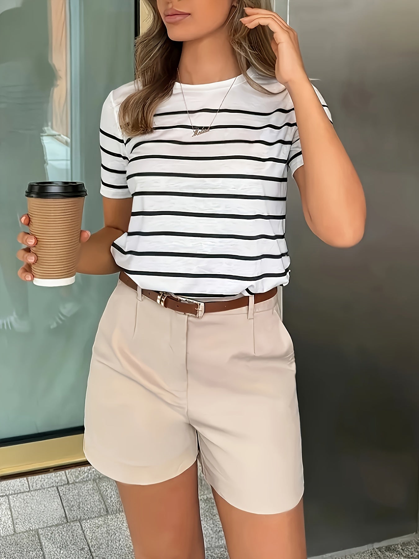 Women'S Y2K Green & White Striped T-Shirt - Casual, Versatile Top for Spring/Summer, Short Sleeve, Round Neck, Casual Attire | Casual Style | Glossy Finish