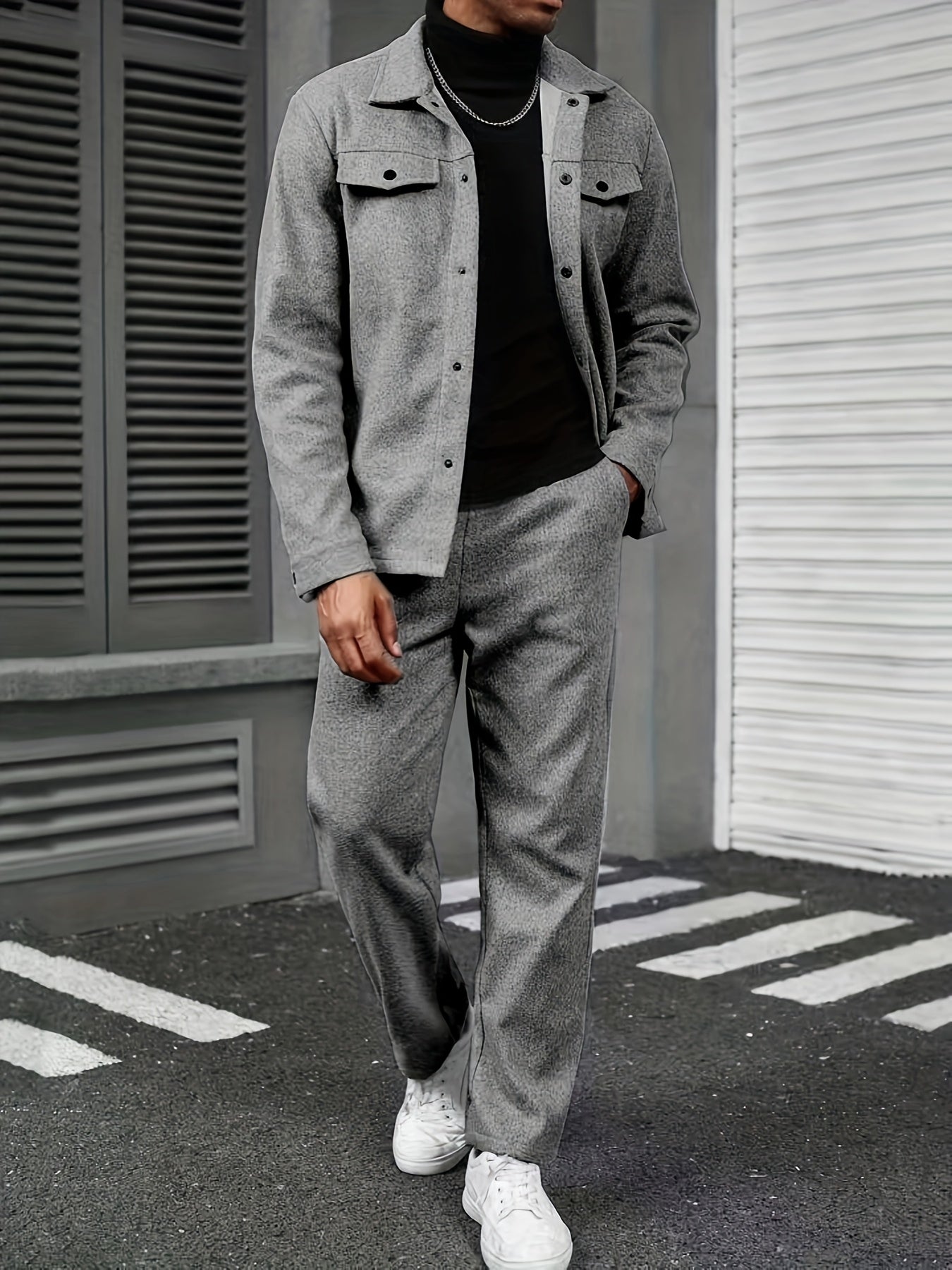 Men'S Two-Piece Casual Outfit - Black Button-Up Shirt & Pants, Long Sleeve, Loose Fit, Non-Stretch Fabric, Perfect for Spring/Fall, Casual Attire|Relaxed Fit|Buttonup Shirt