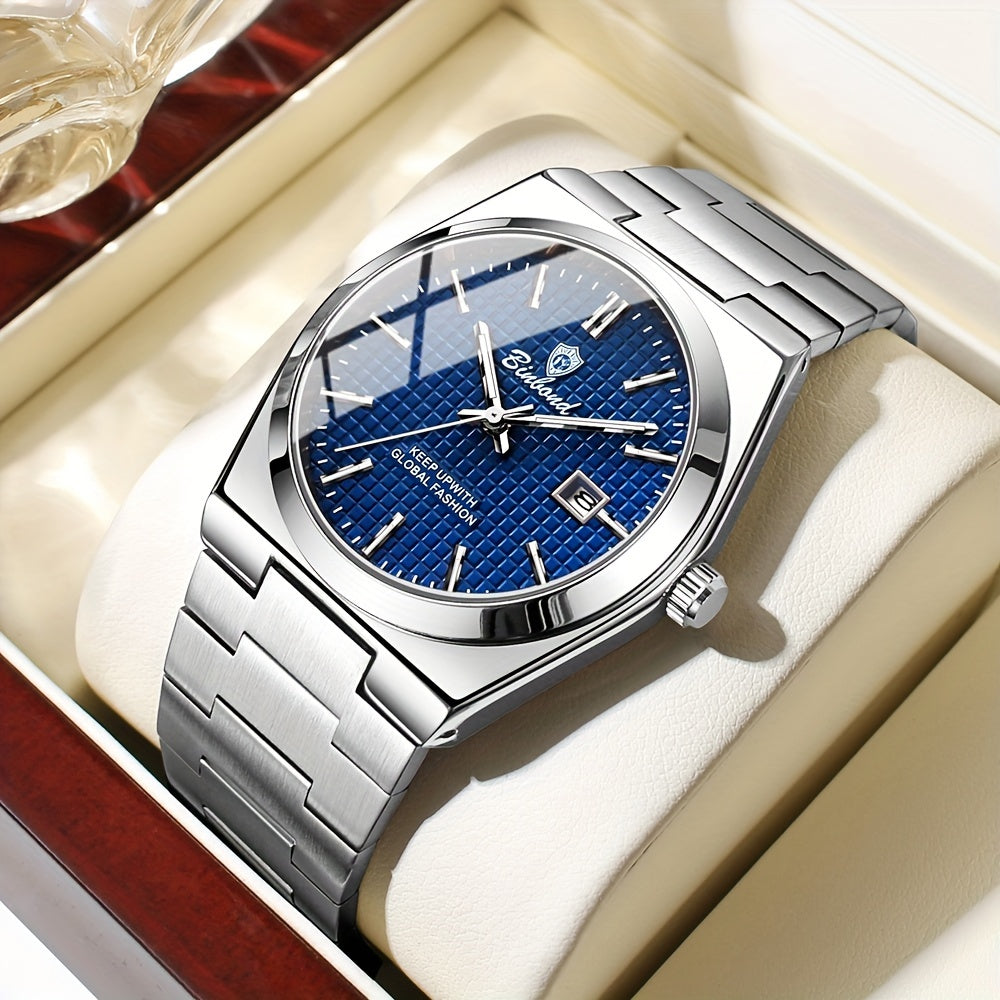 BINBOND Men's Elegant Quartz Watch, Blue/Green Checkered Dial, Glow-in-the-Dark Hands, Durable Steel Band, Waterproof, Date Display, Casual Style, Perfect for Daily Wear and Gift