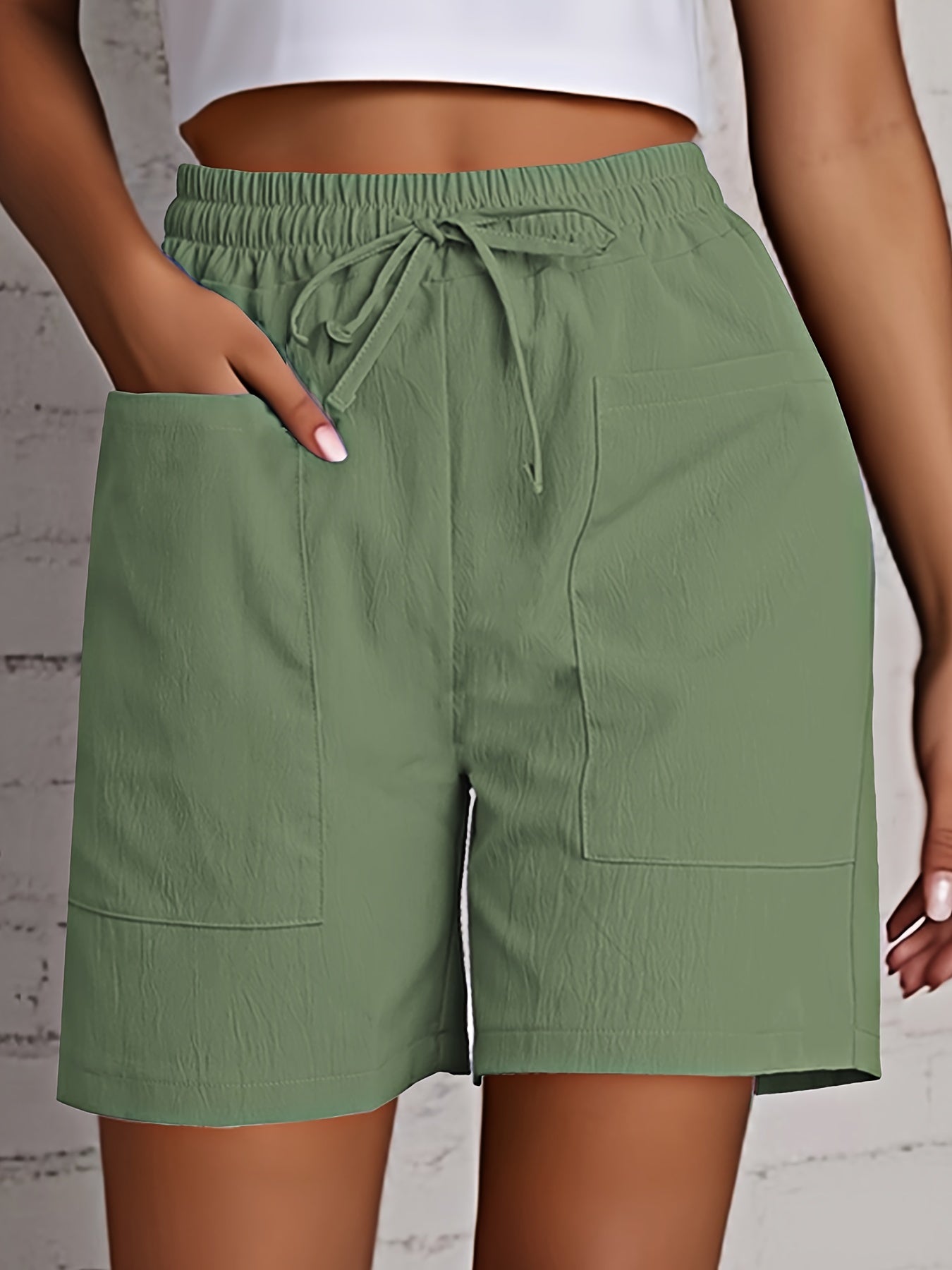 Women's Beige Cargo Shorts - Casual & Stylish, Solid Color with Drawstring Waist and Pockets, Polyester Blend, Machine Washable, All-Season Comfort