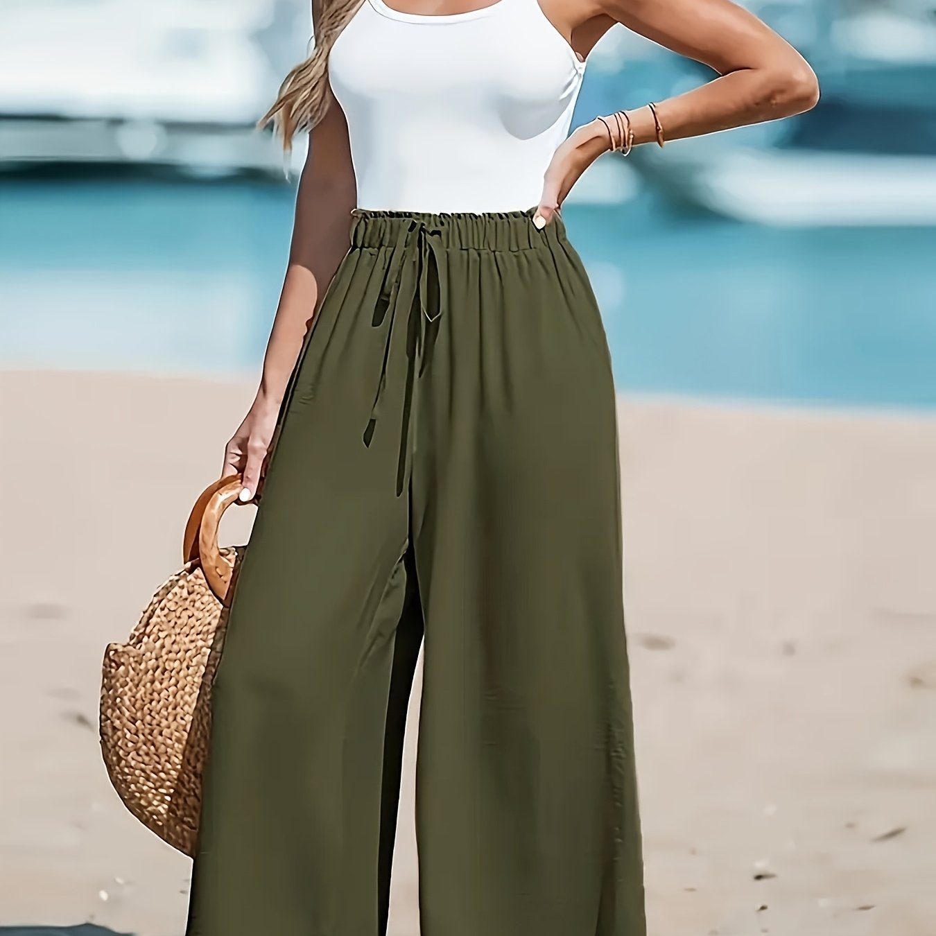 100% Polyester, Smooth Texture, Faux Drawstring Waist, Machine Washable, All-Season Comfort, Chic and Versatile Style