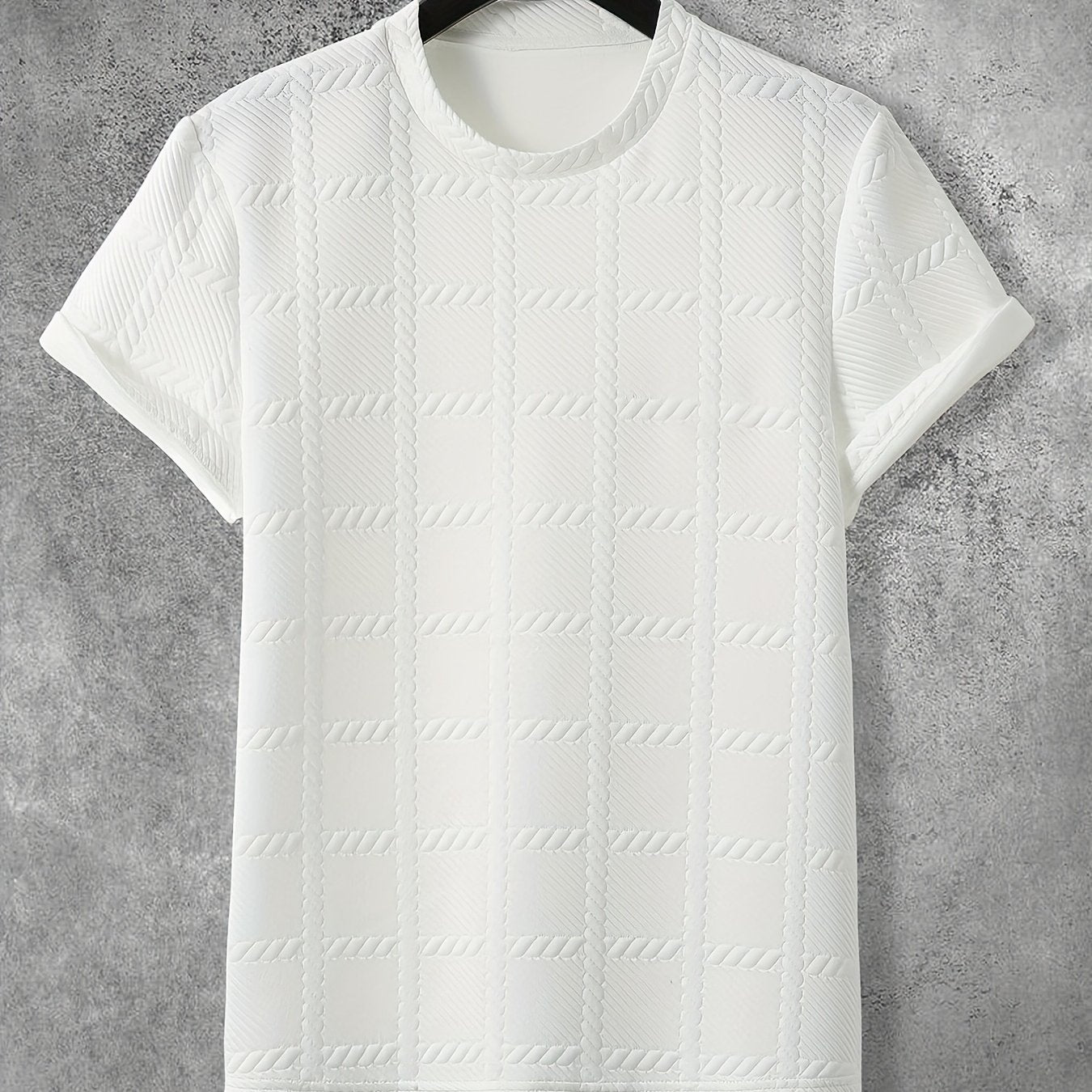 Men'S Casual Embossed Pattern Short Sleeve T-Shirt, 100% Polyester Crew Neck Knit Fabric, Slight Stretch, Solid Color Top